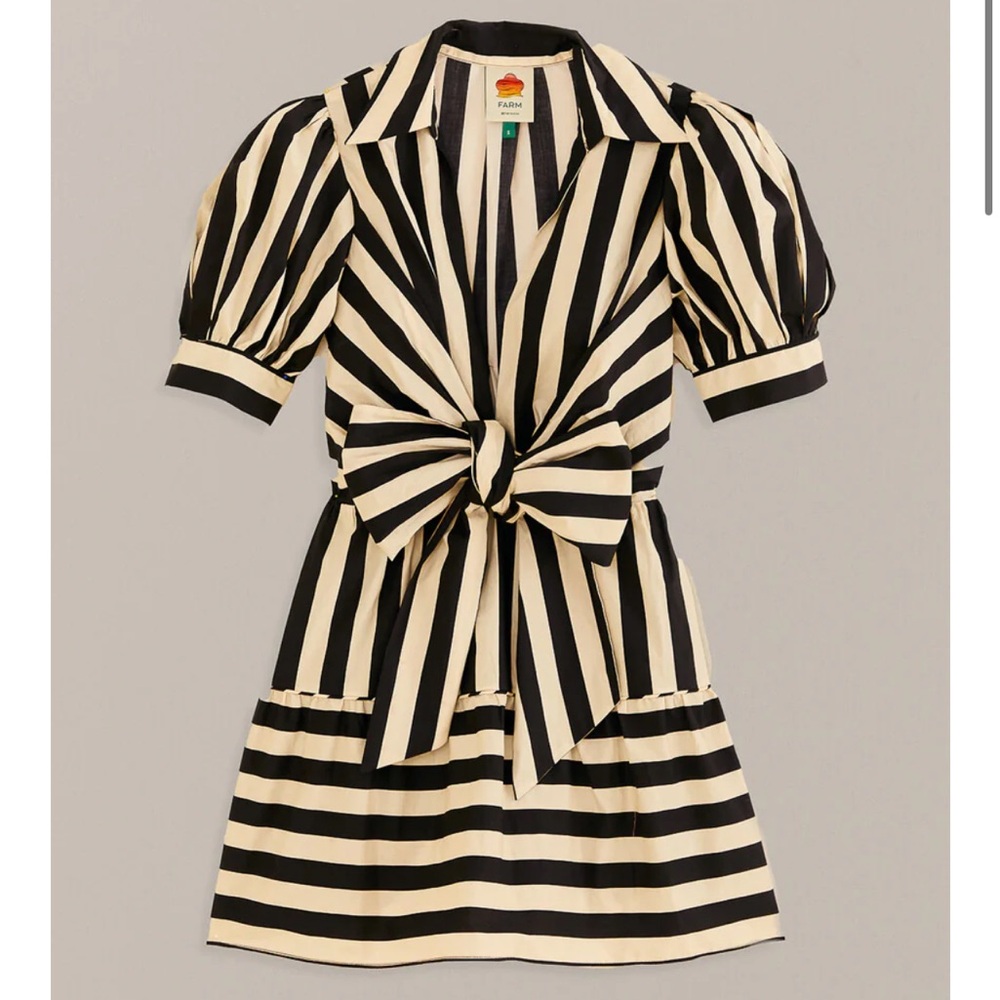 FARM Rio Black and Cream Striped Mini Dress with Front Tie